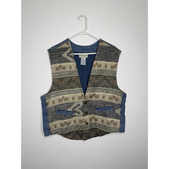 Vtg 90s Arizona Jean Company Denim Vest Western Aztec Boho Mens Sz Large Cowboy - Picture 1 of 16